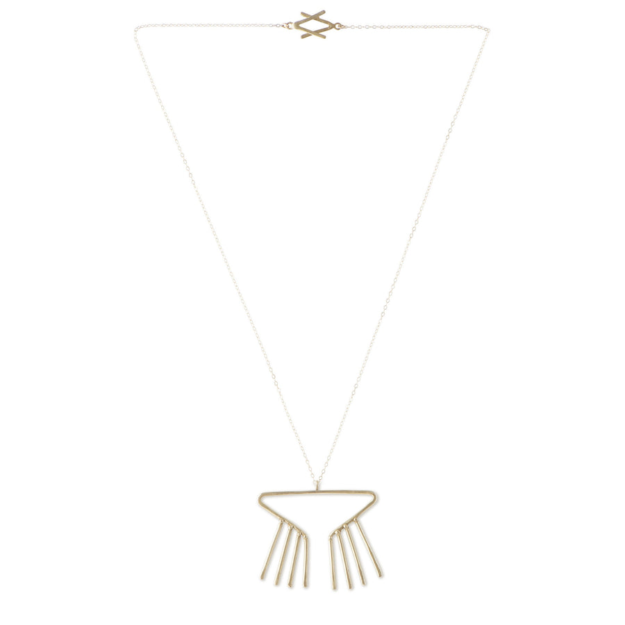 Sky Phaebl's Merak bronze necklace. Open triangular pendant with fixed fringe and slight hammer texture on fine gold-filled chain. Features small bead detail and signature V clasp.