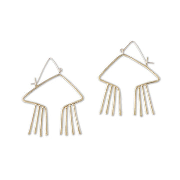 Sky Phaebl bronze and gold open, obtuse triangular earrings with hammer textured fixed fringe.  Handmade with gold ear wires to protect against base metal sensitivity.