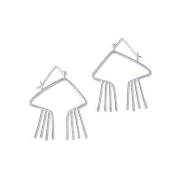 Obtuse, open triangular earrings feature hammer textured fixed fringe with small metal bead detail. Handmade in sterling silver.