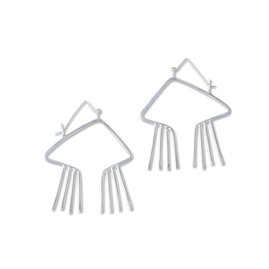 Obtuse, open triangular earrings feature hammer textured fixed fringe with small metal bead detail. Handmade in sterling silver.