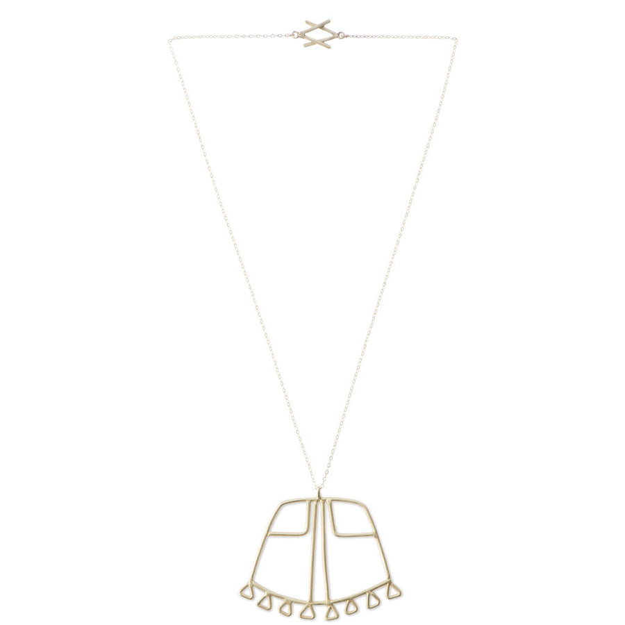 Full view of Sky Phaebl curved trapezoid pendant featuring triangular fixed fringe along the base and an inner linear filigree detail. Shown in bronze on a gold-filled fine chain with interlocking signature V clasp.