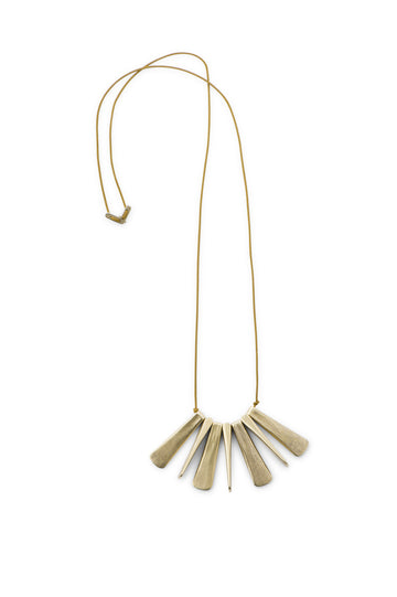 Sky Phaebl handmade sculptural long necklace. Bronze pendants on colorful cord.  