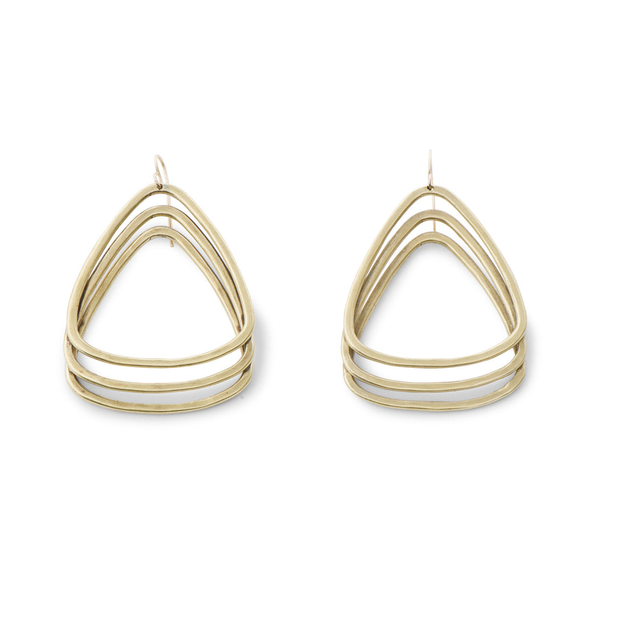 Sky Phaebl handmade bronze and gold dangling earrings. Large and lightweight series of three broadly curved triangles. 